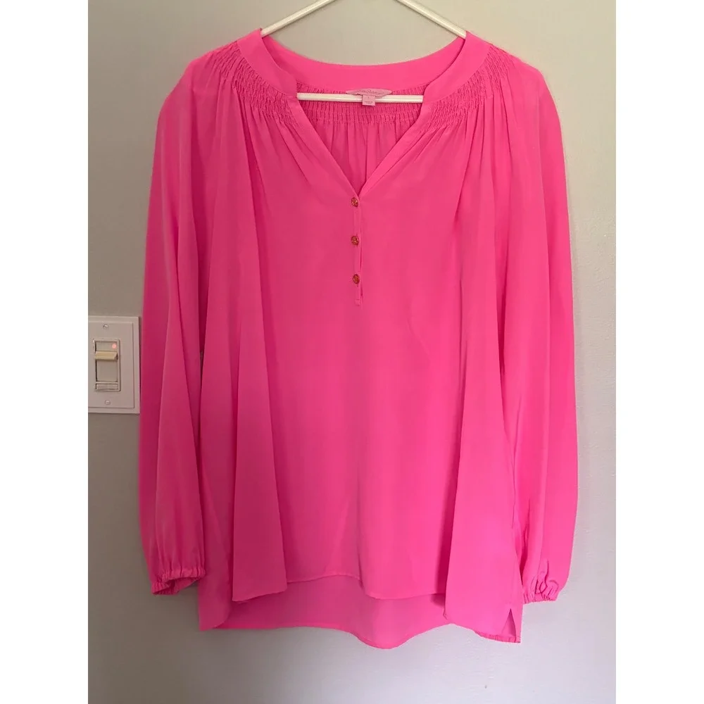 Lilly Pulitzer Elsa Top Neon Pink Silk Smocked V-Neck Blouse Tunic Womens Large - Picture 1 of 7